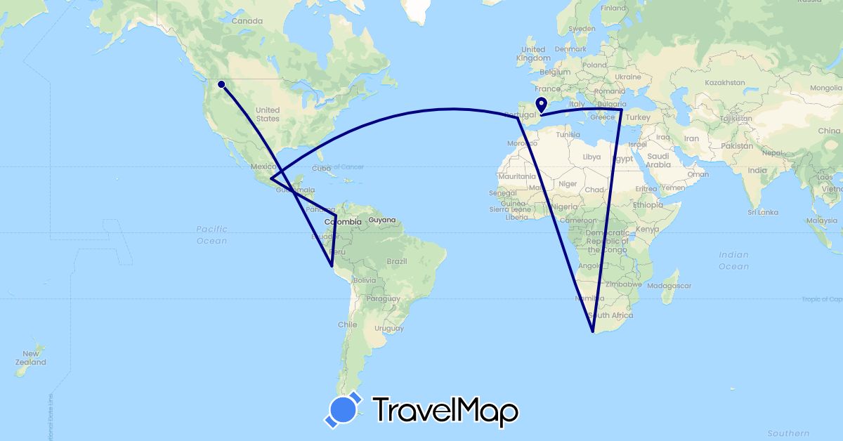TravelMap itinerary: driving in Colombia, Spain, Guatemala, Mexico, Peru, Portugal, Turkey, United States, South Africa (Africa, Asia, Europe, North America, South America)